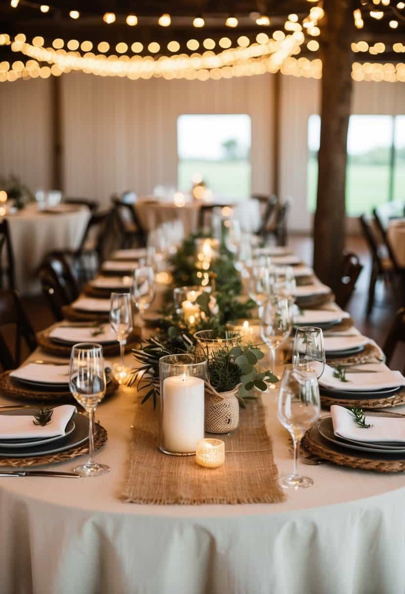 A rustic wedding table adorned with jute and twinkle light garlands