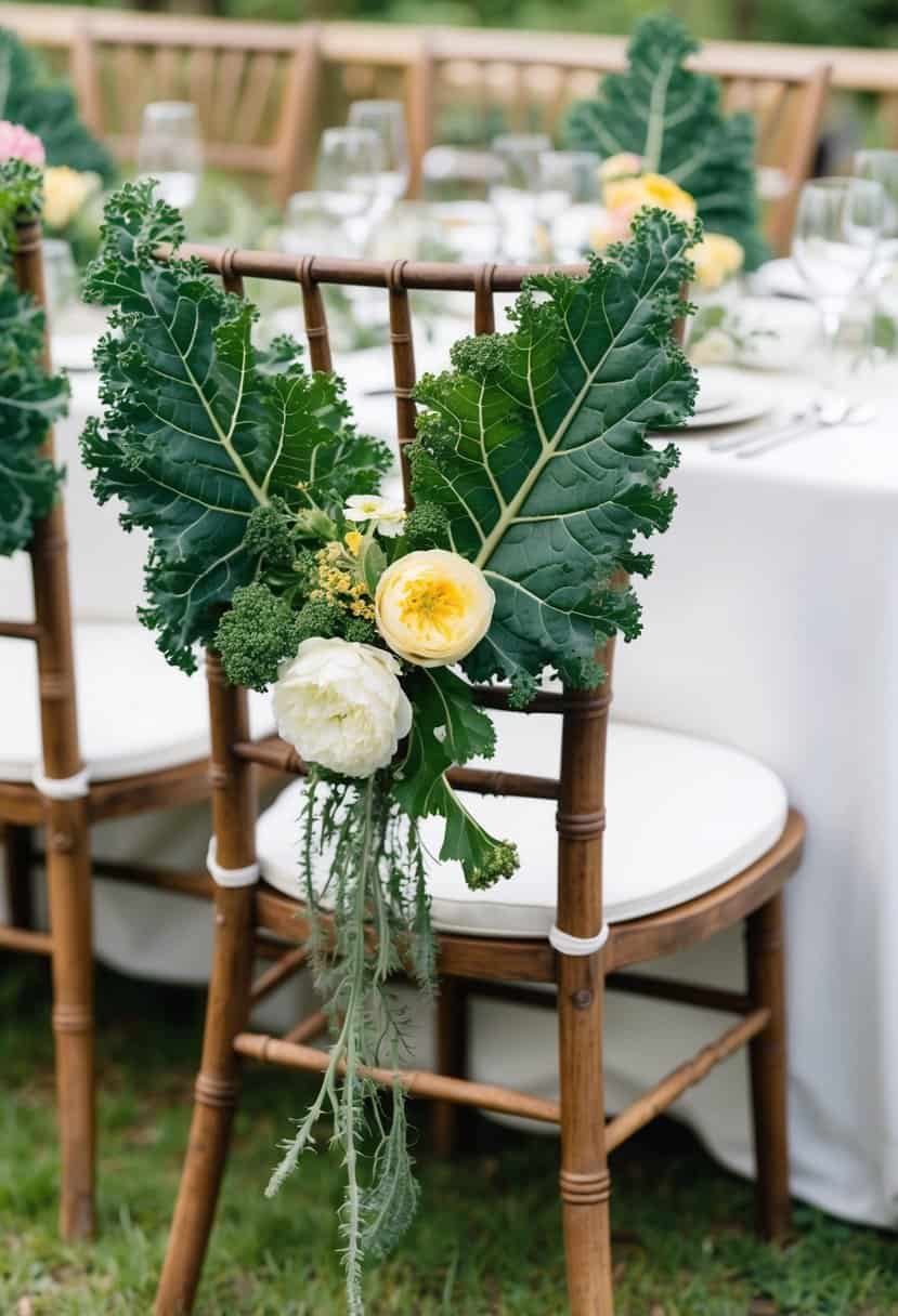 A rustic wooden chair adorned with vibrant kale leaves and flowers, serving as a unique and organic table decoration for a wedding celebration