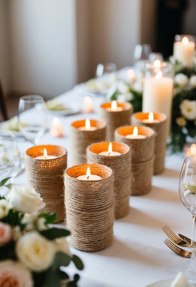 Jute-wrapped candle holders arranged on a wedding table, surrounded by floral centerpieces and soft candlelight