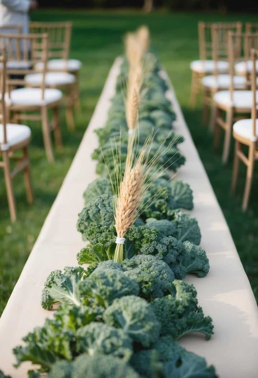 A long aisle lined with kale and wheat, creating a rustic and natural wedding table decoration