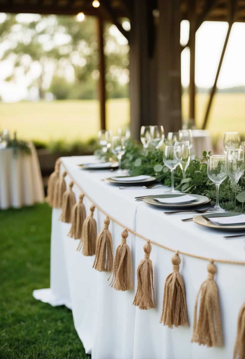 A rustic wedding table adorned with jute tassel banners and greenery