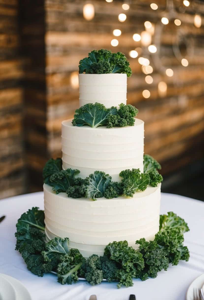 A three-tier wedding cake with kale leaves layered between each tier, adorned with kale decorations on the table