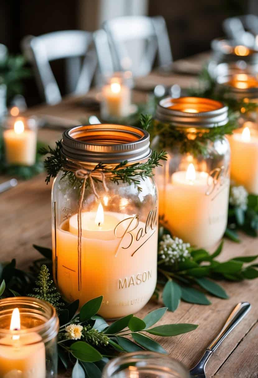 Mason jars with candles, adorned with greenery, on rustic wedding tables