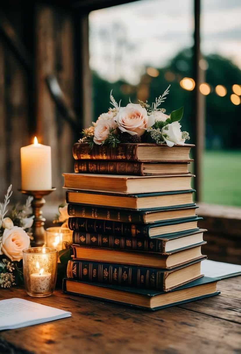 A rustic table adorned with stacked vintage books, accented with delicate floral arrangements and flickering candlelight