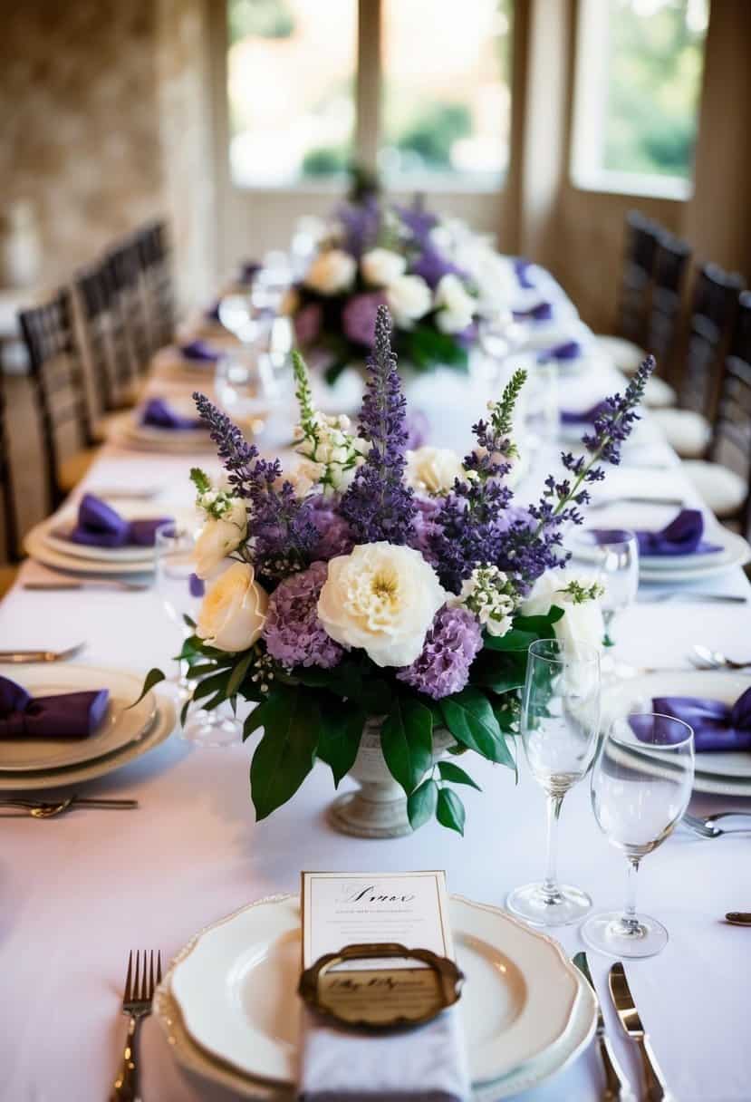 A table set with lavender and white floral centerpieces in a romantic wedding setting