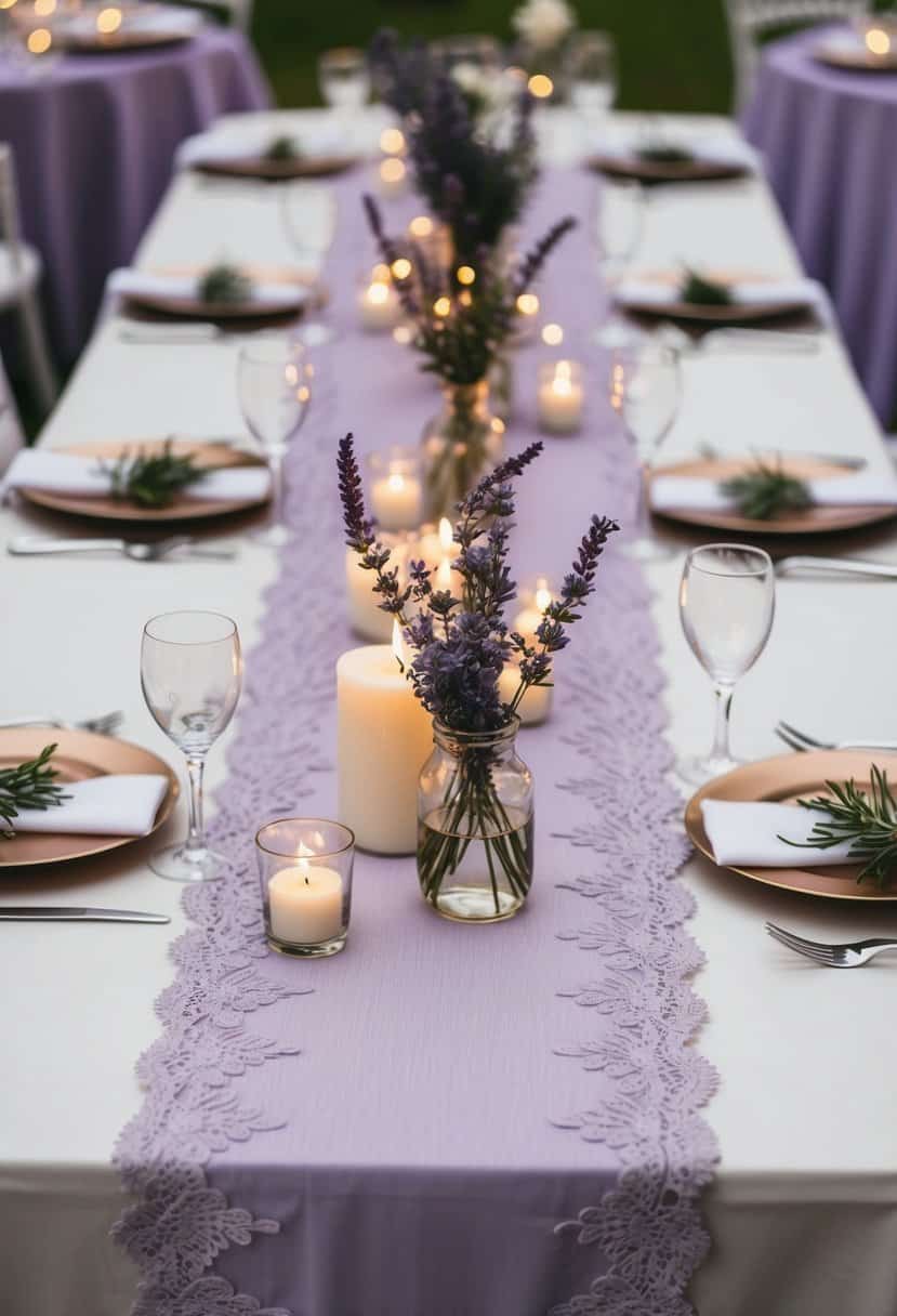 A table set with lilac lace runners, adorned with lavender sprigs and candles for a romantic wedding reception