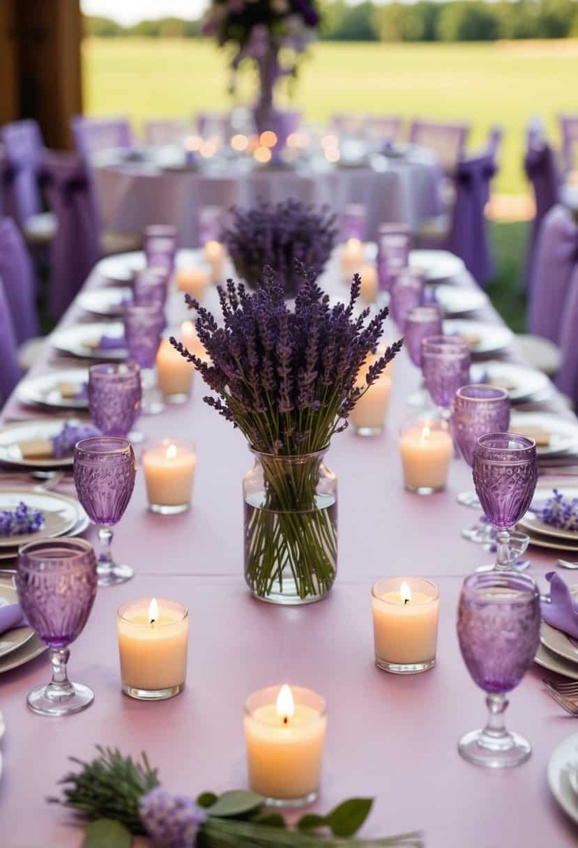A table adorned with scented lavender candles, surrounded by delicate lavender wedding decorations