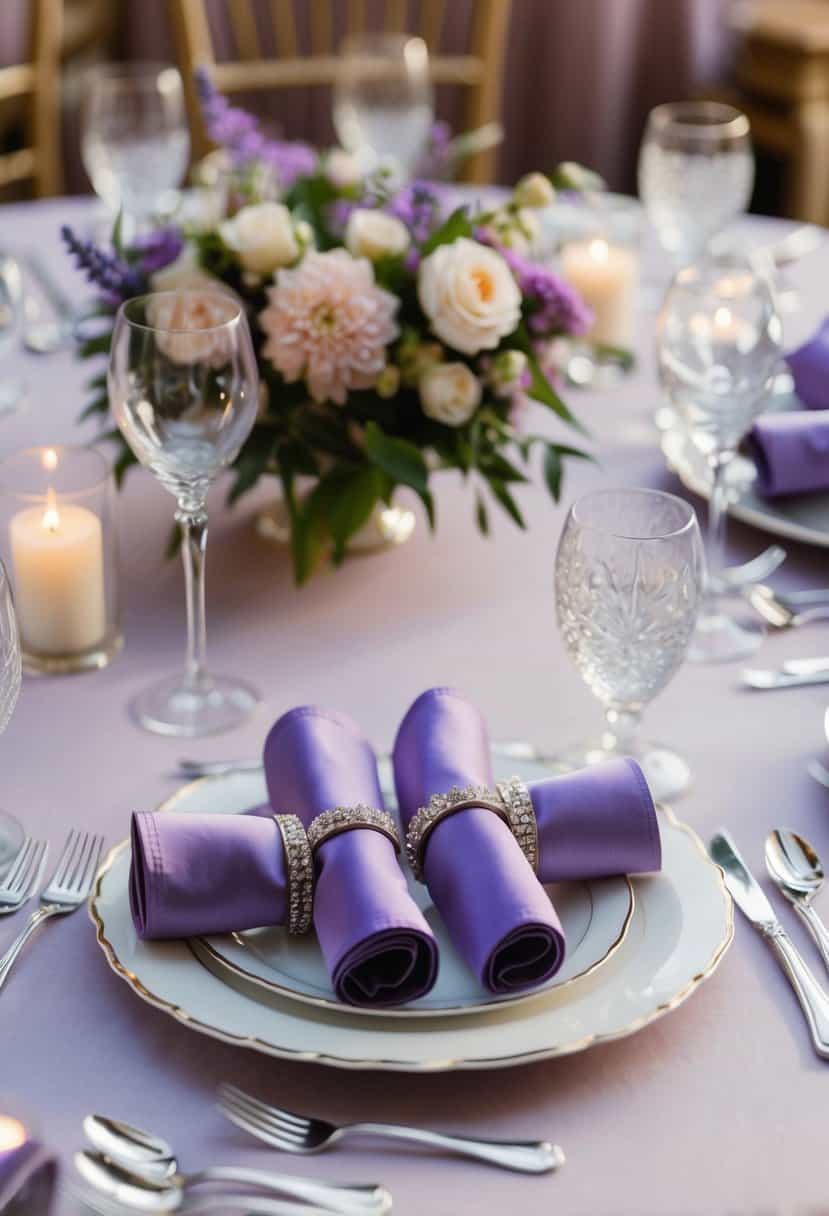 Lavender napkin rings arranged on a table with elegant place settings and floral centerpieces for a wedding reception