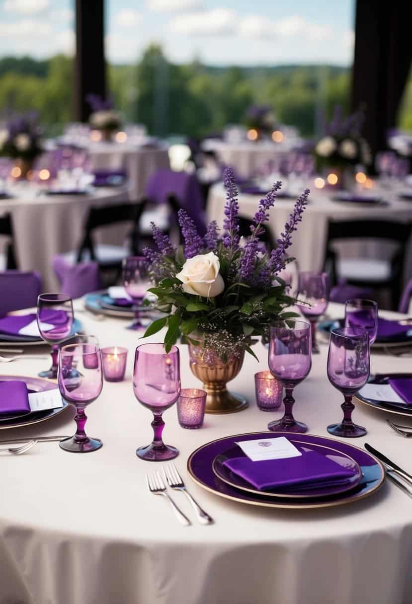 A table adorned with purple glassware and lavender accents for a wedding celebration
