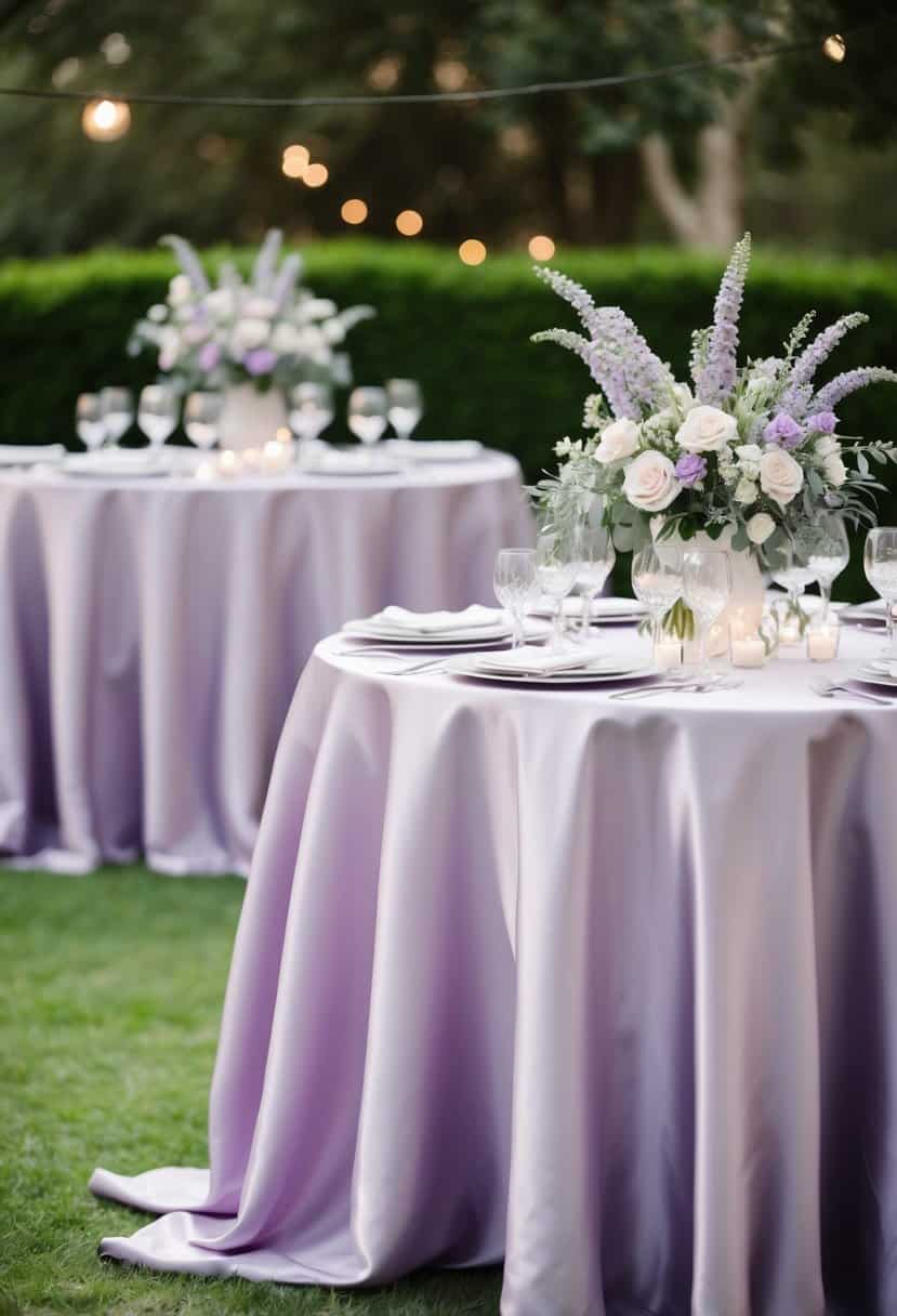 Lavender silk tablecloths draped over elegant wedding tables adorned with delicate floral centerpieces