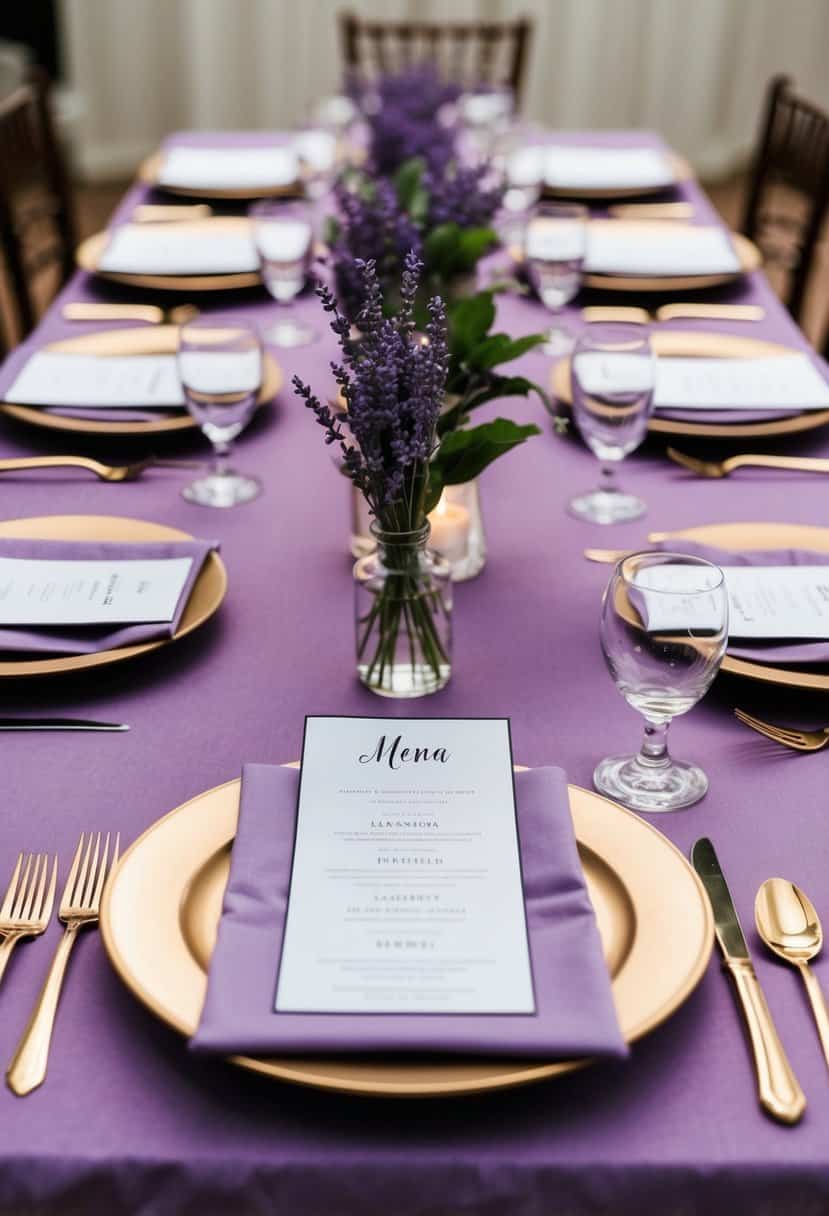 A table set with lavender menu cards, surrounded by lavender decorations and flowers