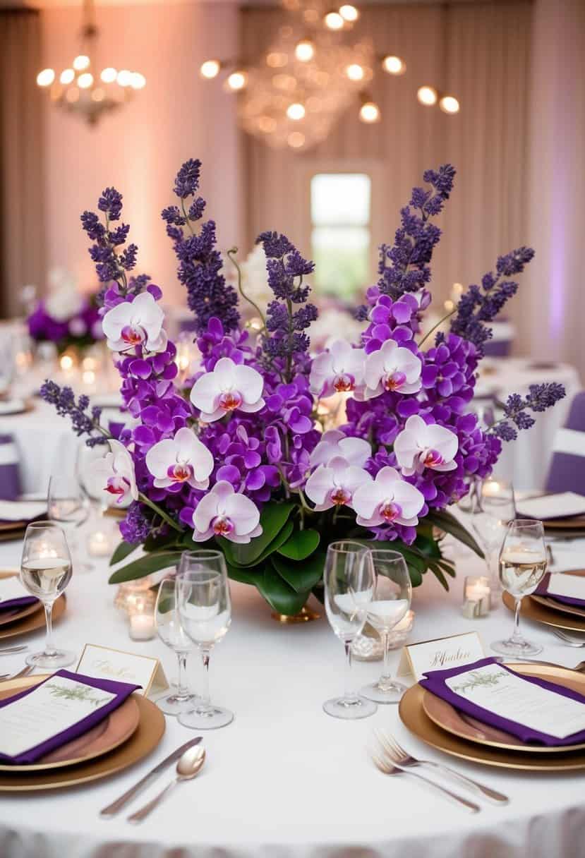 A table adorned with elegant lavender and orchid flower arrangements for a wedding celebration