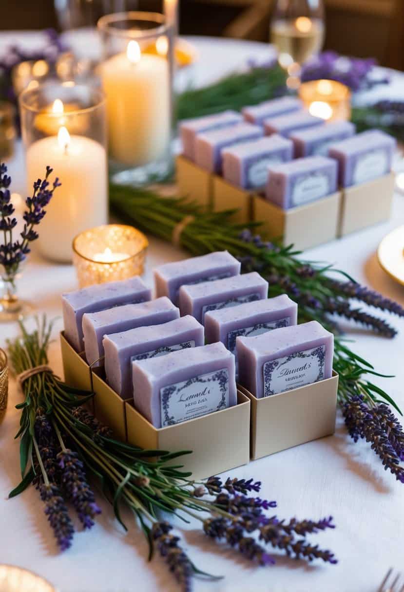 A table adorned with lavender-scented soaps arranged in elegant favor boxes, surrounded by sprigs of fresh lavender and soft candlelight