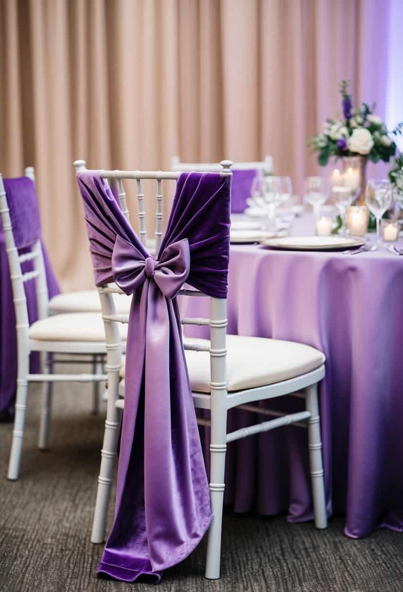 A velvet lavender chair sash drapes elegantly over a chair, adding a touch of luxury to the wedding table decor