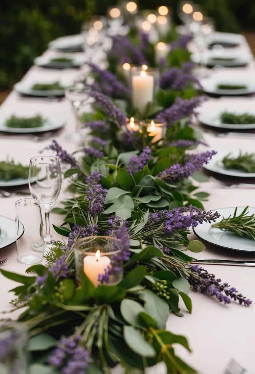 A table adorned with lavender and greenery garlands, creating a beautiful and fragrant wedding decoration