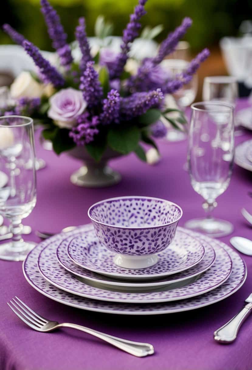 A table set with lavender-patterned china, surrounded by lavender wedding decorations