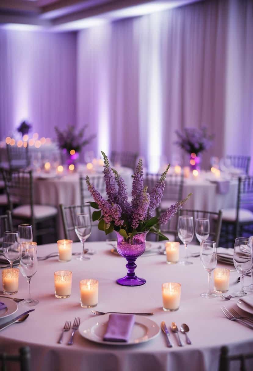 A table set with delicate lilac votive candle holders, casting a soft lavender glow over a wedding reception