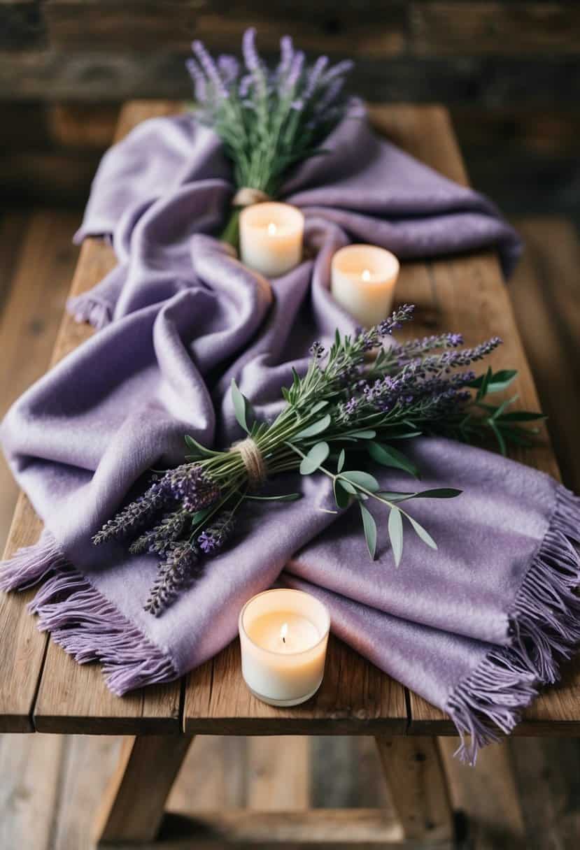 A cozy lavender throw blanket draped over a rustic wooden table, adorned with delicate lavender flowers and candles, creating a romantic and personalized wedding decoration