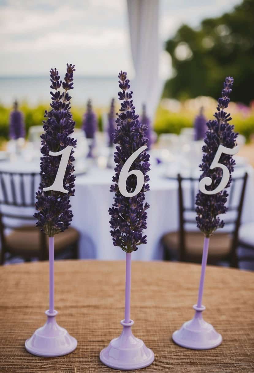 A table set with lavender-themed number stands for a wedding