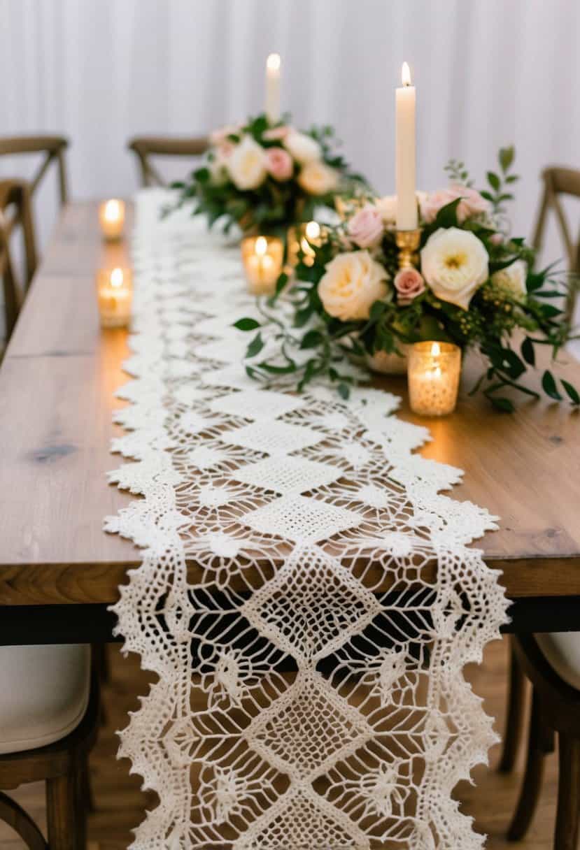 A delicate knitted lace table runner drapes elegantly across a wooden table, adorned with fresh flowers and candles, creating a romantic wedding ambiance