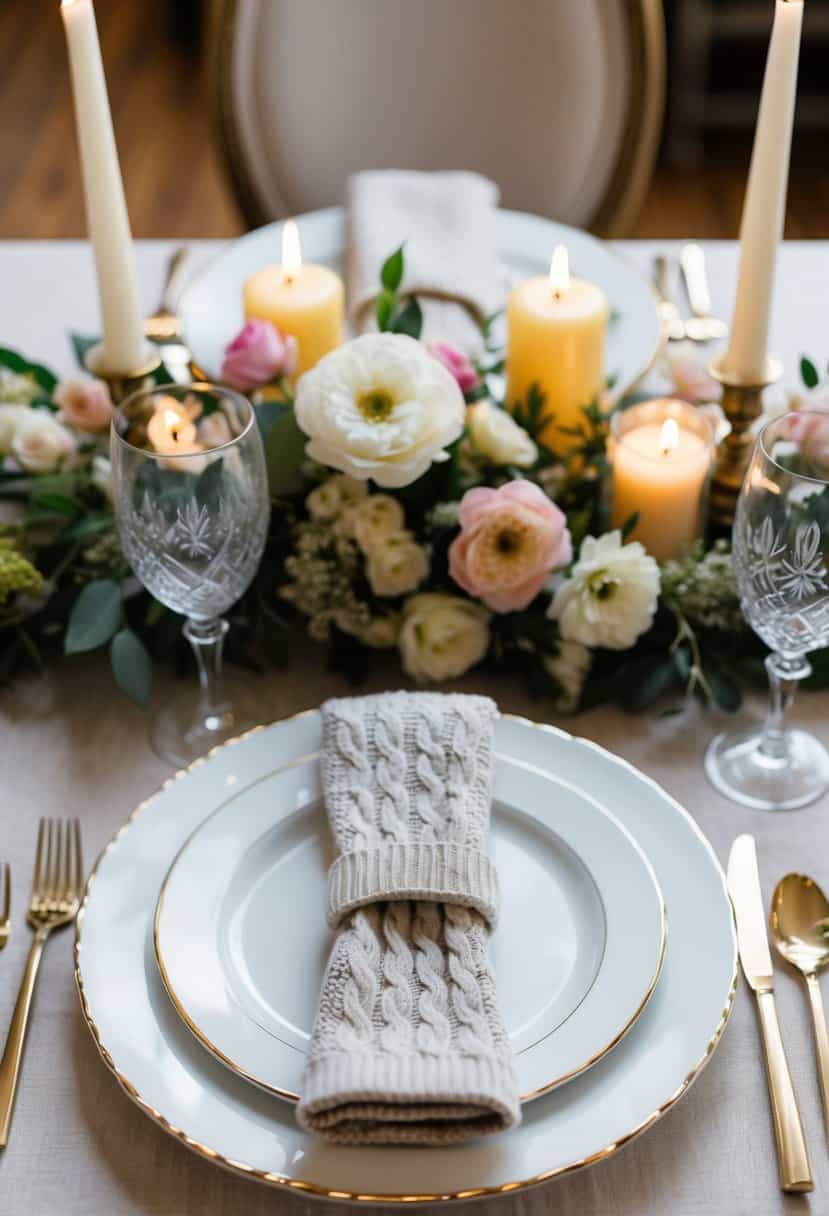 A table set with cable knit napkin rings, adorned with flowers, candles, and elegant dinnerware