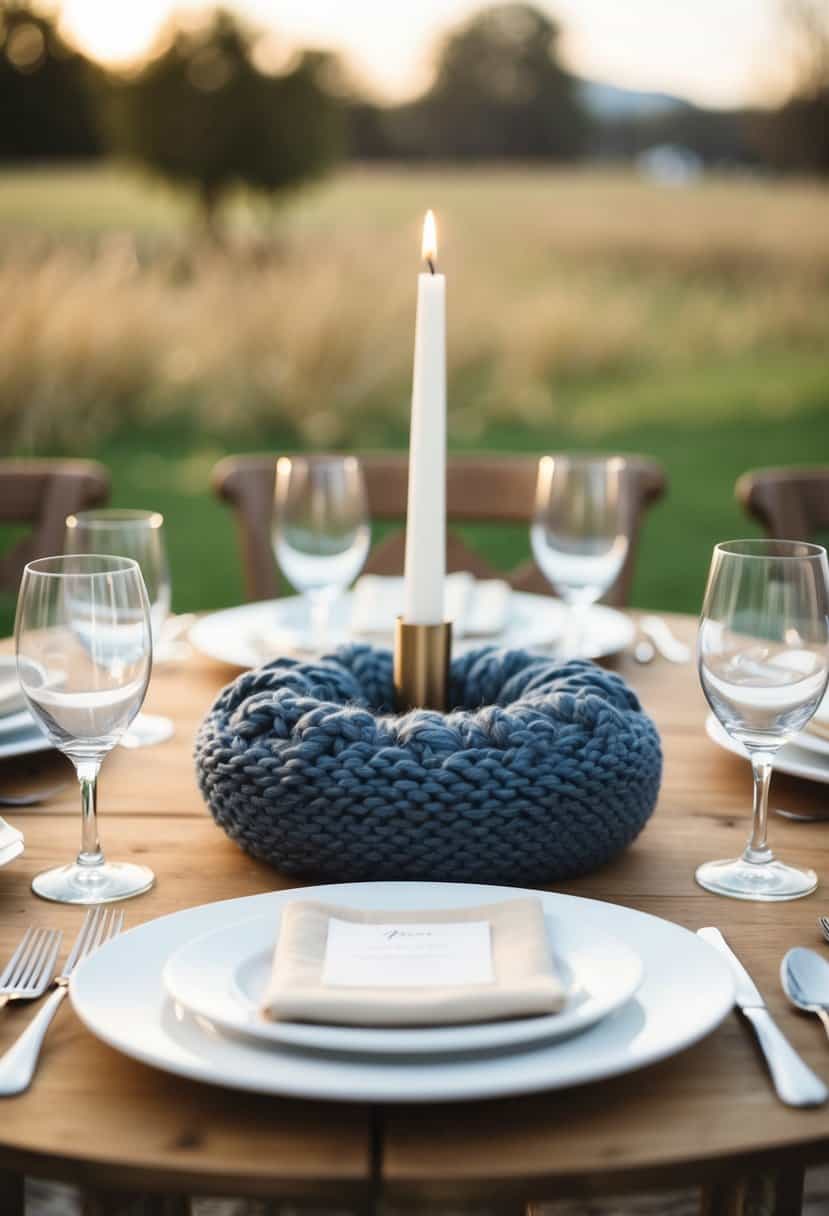 A chunky knit centerpiece mat adorns a wedding table, adding a cozy and rustic touch to the decor
