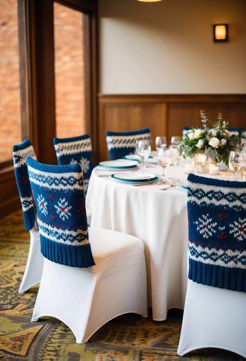 A table set with knitted Fair Isle pattern chair covers for a wedding