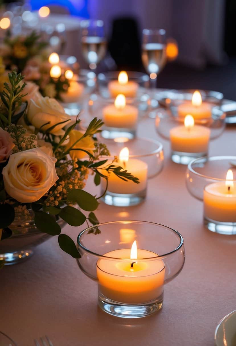 Tealight candles float in glass bowls, casting a warm glow on a wedding reception table adorned with delicate floral arrangements