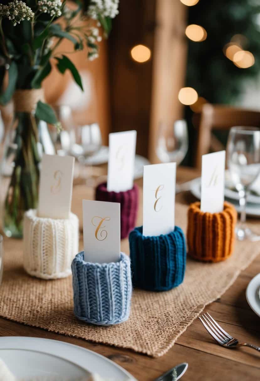 A cozy table setting with knitted place card holders in various colors and patterns, surrounded by rustic wedding decor