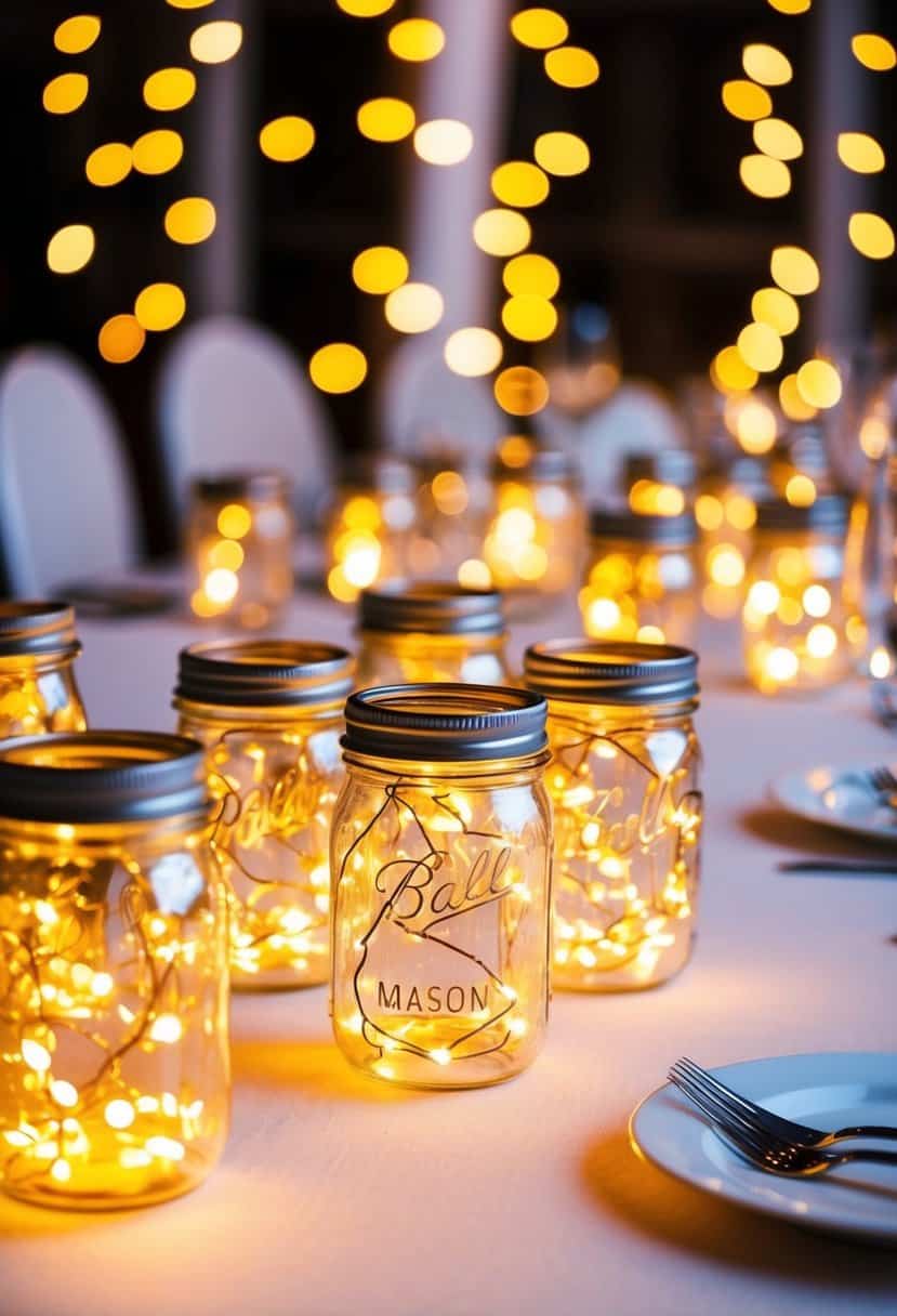 Mini mason jars filled with fairy lights illuminate a wedding table, creating a warm and magical ambiance
