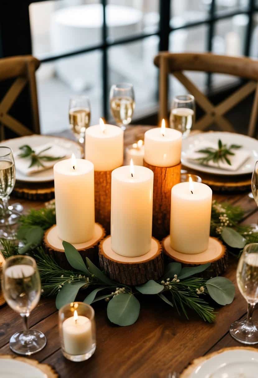 Rustic wood slices adorned with candles and greenery create a charming wedding table centerpiece