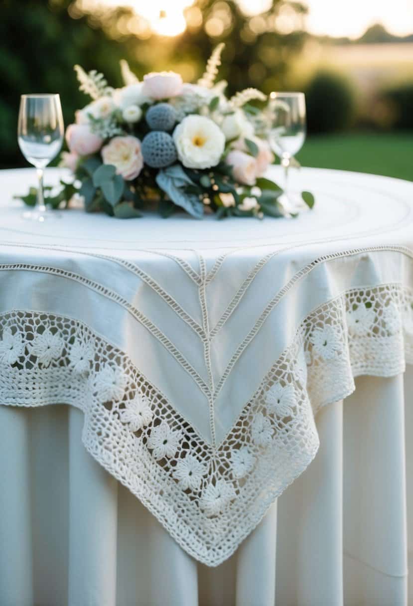 A white crochet edge tablecloth drapes over a round wedding table, adorned with delicate knitted flowers and lace details