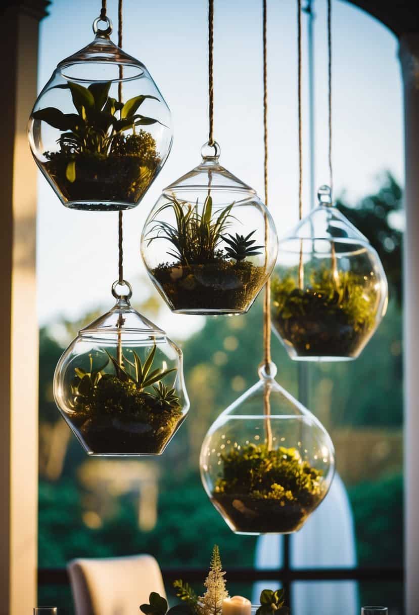 Several glass terrariums filled with plants hang above a wedding table, casting delicate shadows and adding a touch of natural elegance to the decor