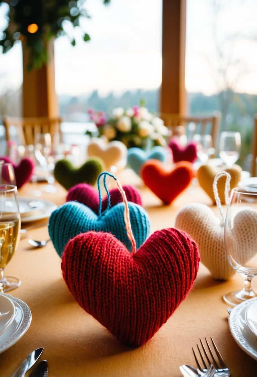 A table adorned with knitted heart-shaped ornaments in various colors, creating a cozy and romantic atmosphere for a wedding celebration