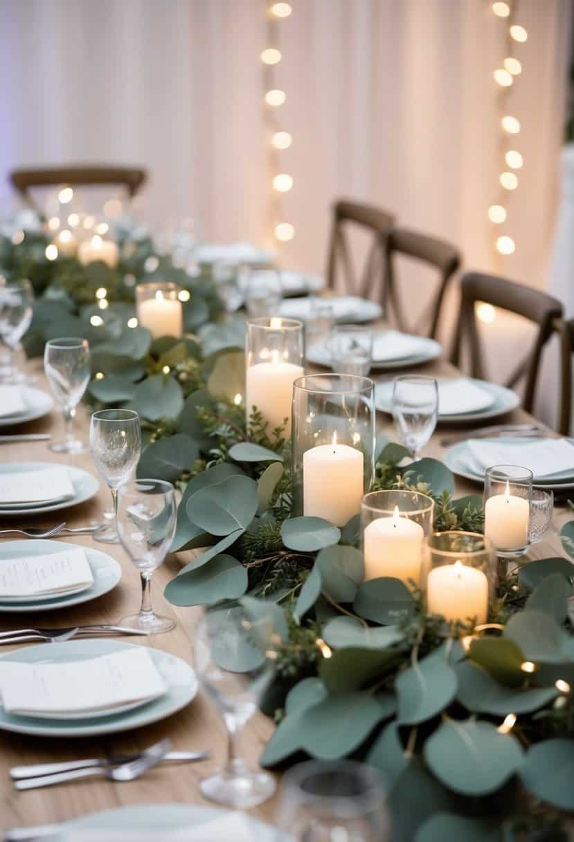Eucalyptus garland runners adorn a wedding table, intertwined with soft fairy lights, creating a romantic and elegant atmosphere