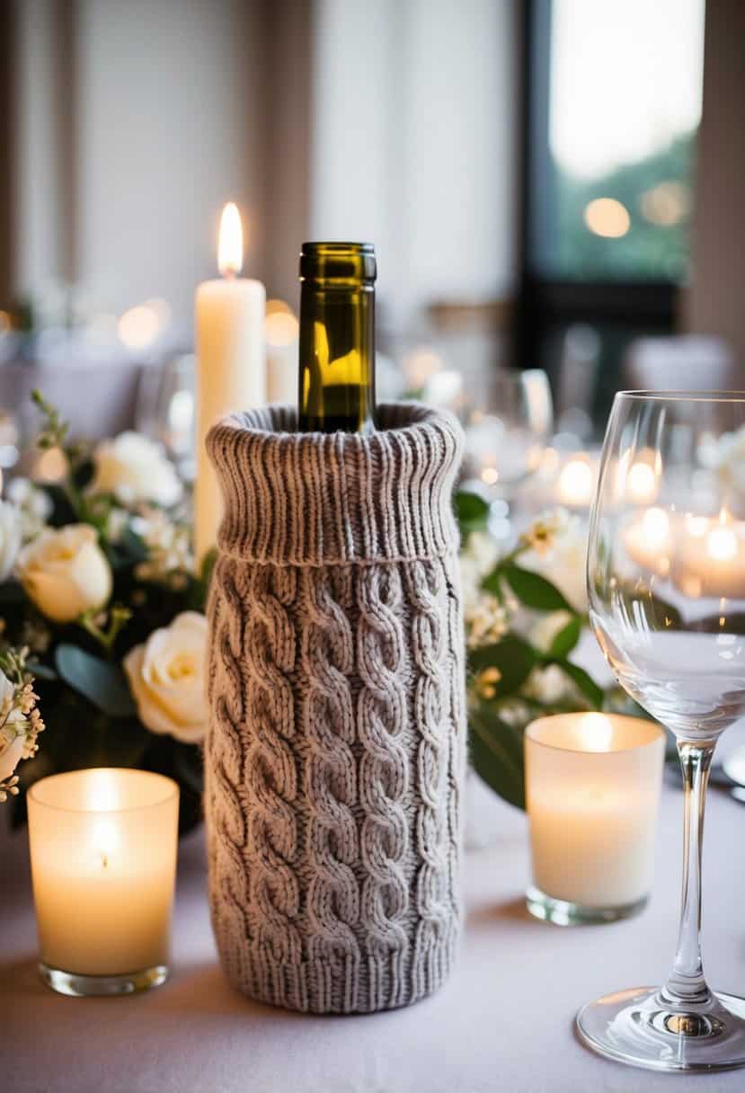 A knitted wine cozy adorned with cables sits on a wedding reception table, surrounded by elegant decor and soft candlelight