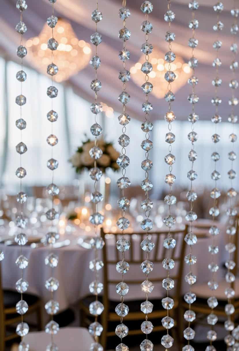 Crystal bead curtain strings drape over a wedding table, catching the light and creating a sparkling, elegant decoration
