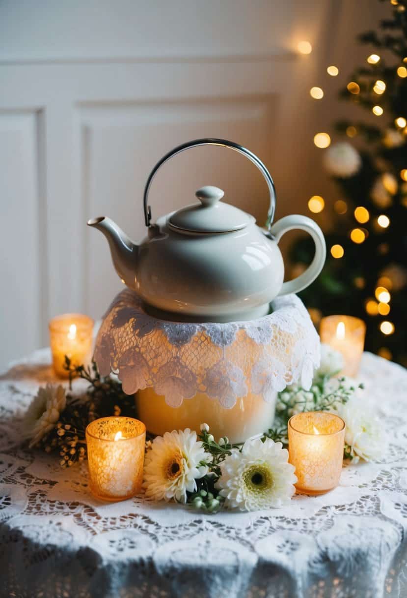 A cozy teapot warmer sits atop a lace-covered table, surrounded by delicate flowers and twinkling candles