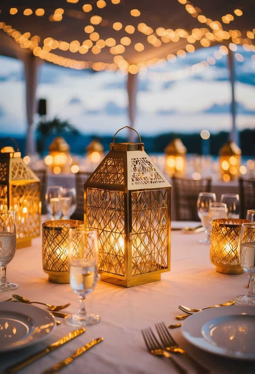 Golden geometric lanterns illuminate a wedding table, casting intricate patterns across the setting