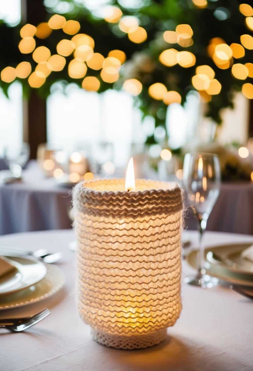 A lace candle holder cover knitted in white yarn adorns a wedding reception table, casting delicate patterns of light