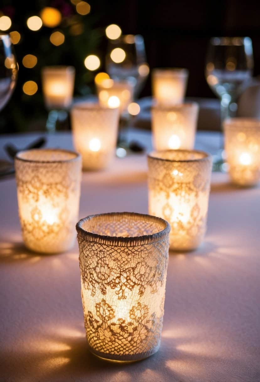 Lace-wrapped votive holders illuminate a romantic wedding table, casting delicate patterns of light and shadow