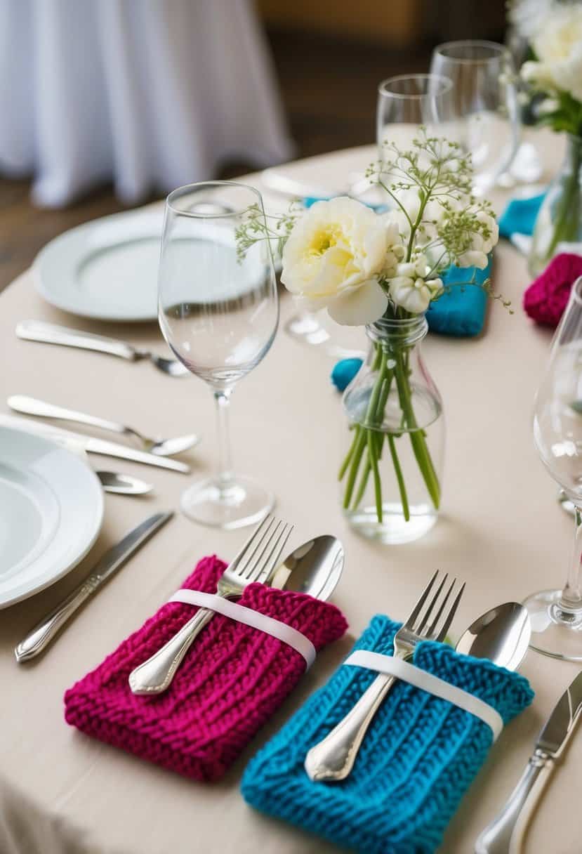 Colorful knitted utensil pockets adorn wedding tables, filled with silverware and tied with delicate ribbons