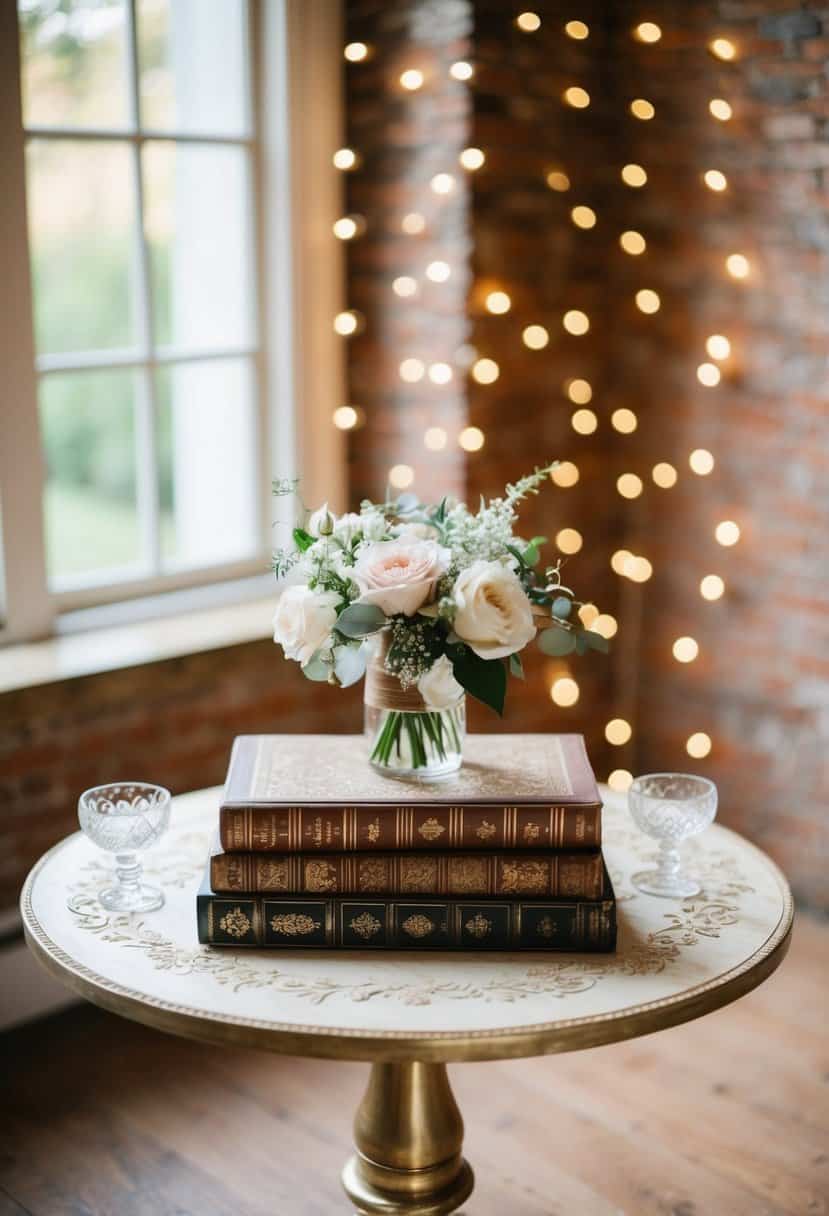 A vintage book table with delicate accents and soft lighting, creating a romantic wedding table decoration