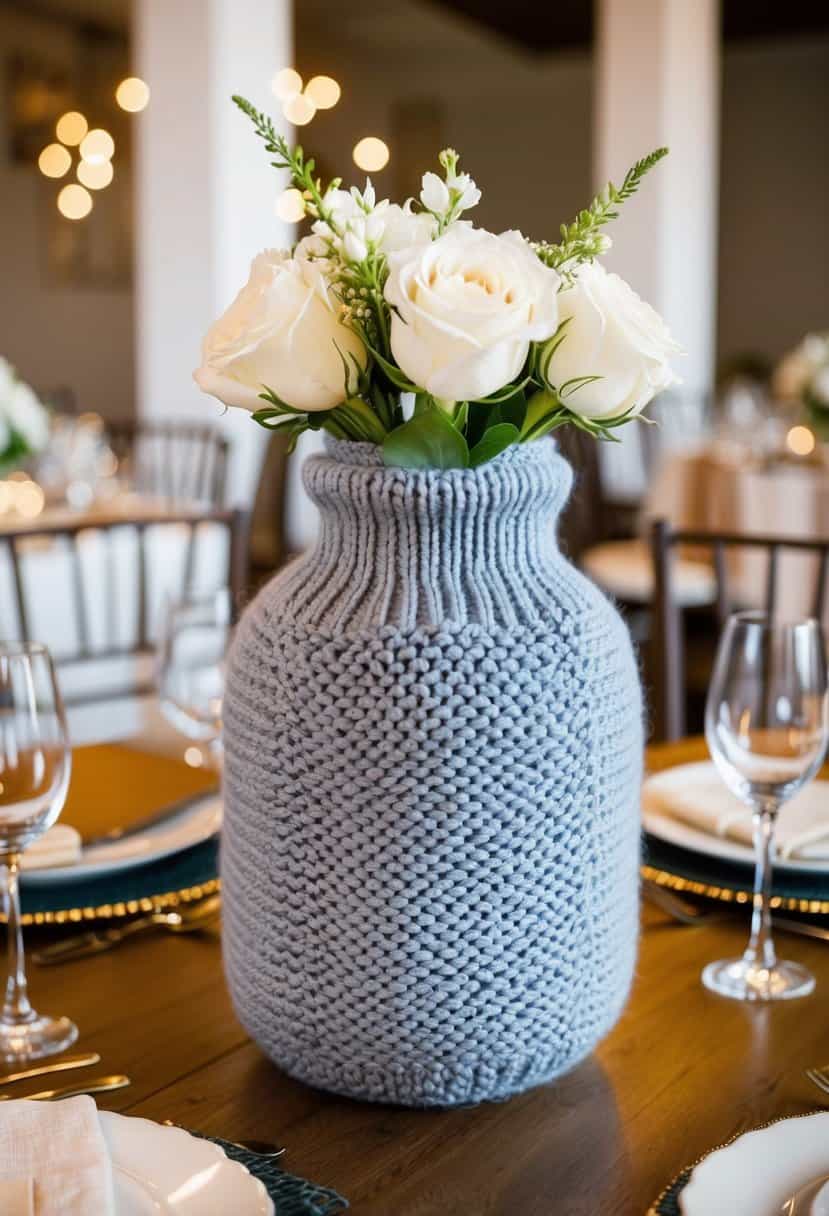 A chunky knit vase cover adorns a wedding table, adding cozy charm to the decor