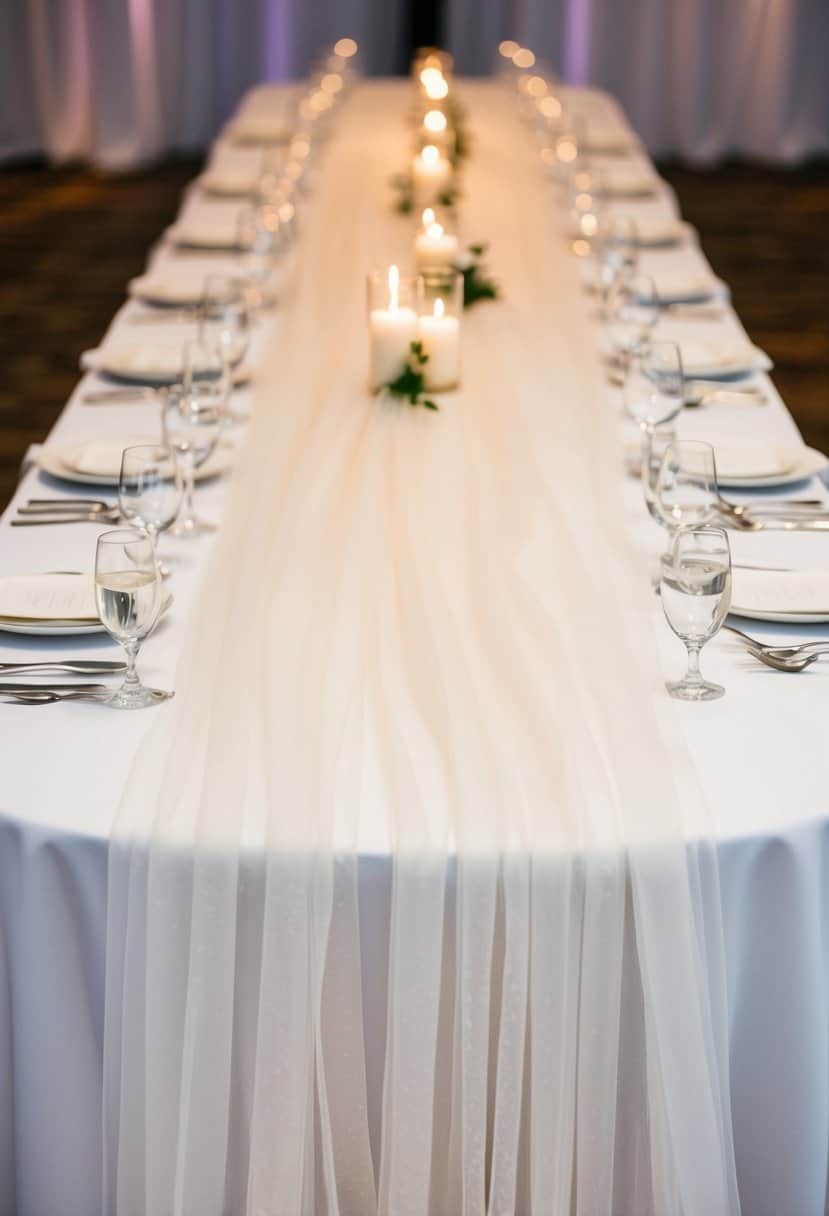 A long, sheer tulle table runner drapes elegantly over a white wedding reception table, softly catching the light and adding a romantic touch to the decor