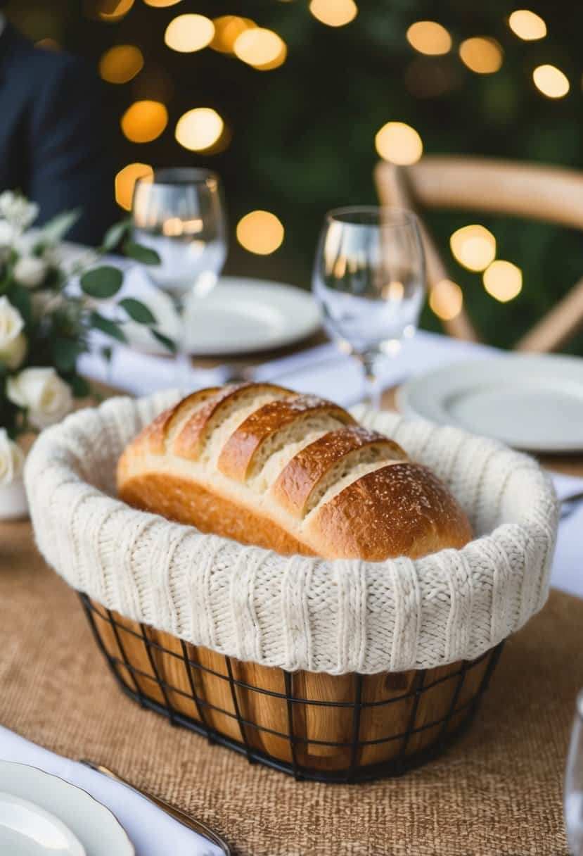 A cable knit bread basket liner adorns a wedding table, adding a cozy and rustic touch to the decor