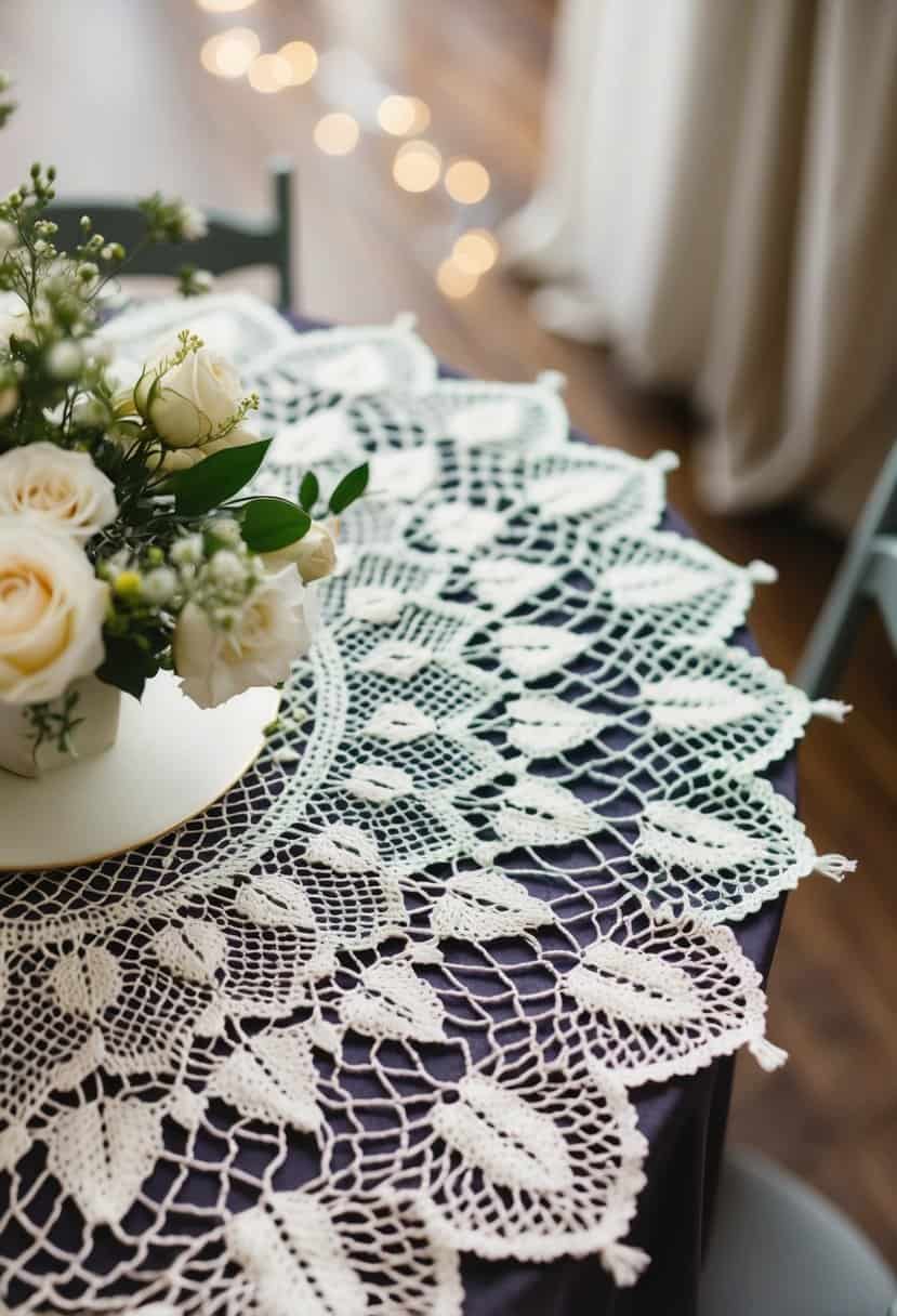 A hand-knit table doily adorns a wedding table, featuring intricate lace patterns and delicate edges