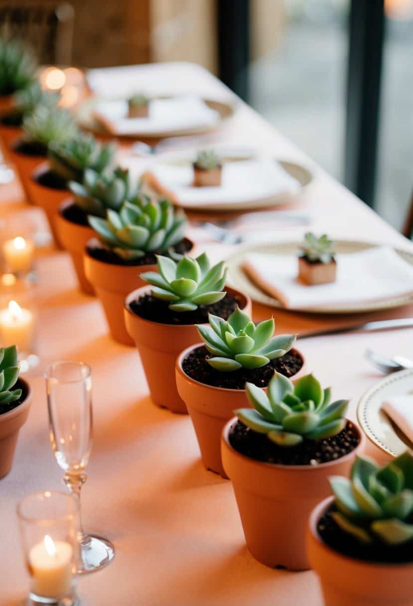 Mini succulent pots arranged on a wedding table with soft, warm lighting