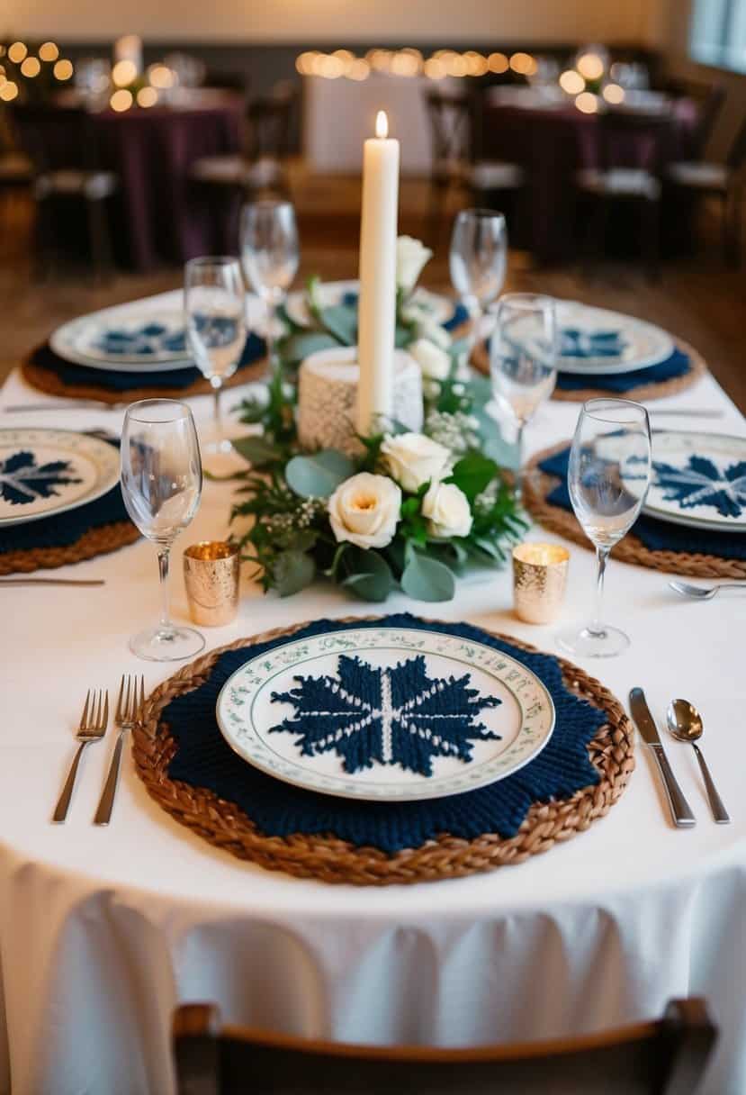 A table set with knitted Fair Isle pattern mats, adorned with wedding decor