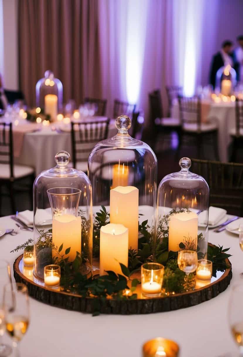Glass cloche terrariums arranged as elegant centerpieces on a wedding reception table, softly illuminated by warm candlelight